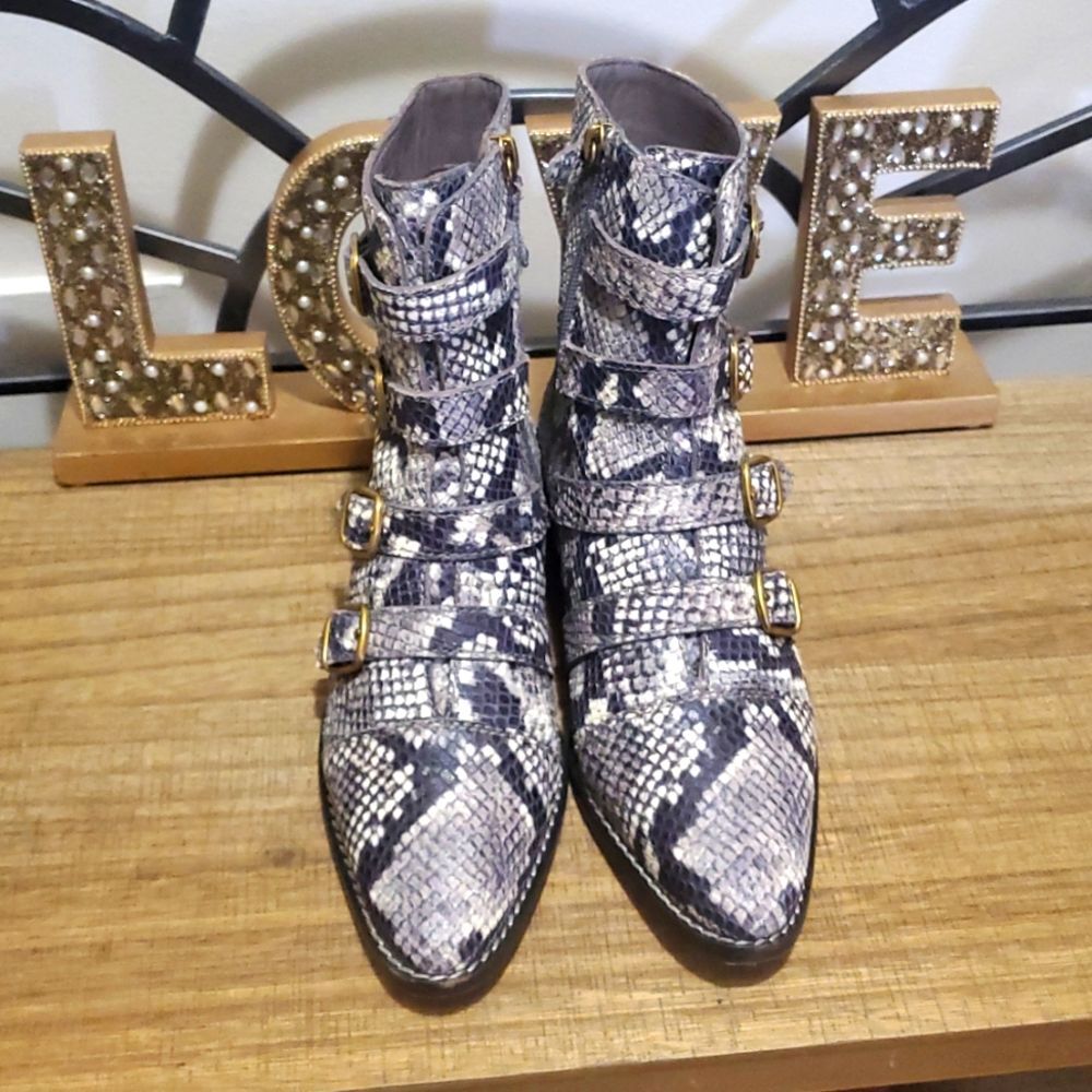 J.Crew Women's Multi-Buckle Snake-Embossed Leather Moto Biker Boots Sz 7